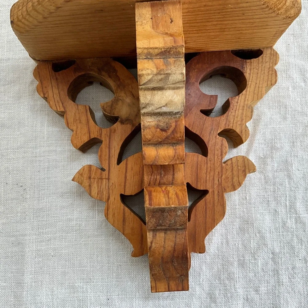 Vintage Hand Carved Amish Wood Wall Shelf Folk Art Scrollwork Grannycore Cottage